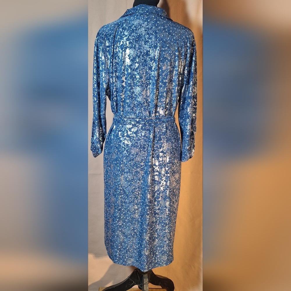 EMILY DANIELS Blue Denim Color Midi Dress with Lacy Silver Overlay - Picture 4 of 10